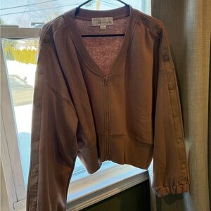 Vintage Havana Tan Zip Up Hoodie with Button Sleeve Detailing